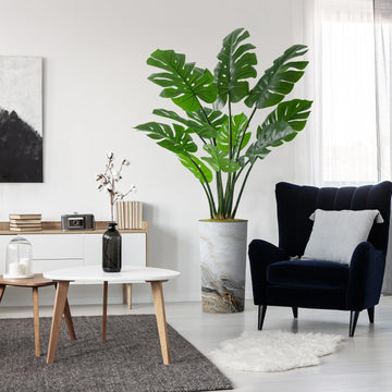 Artificial Tree in Modern Granite Effect Planter, Fake Monstera Silk Tree for Indoor and Outdoor Home Decoration