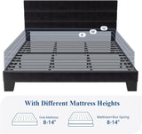 King Platform Bed Frame with Velvet Upholstered Headboard and Wooden Slats Support