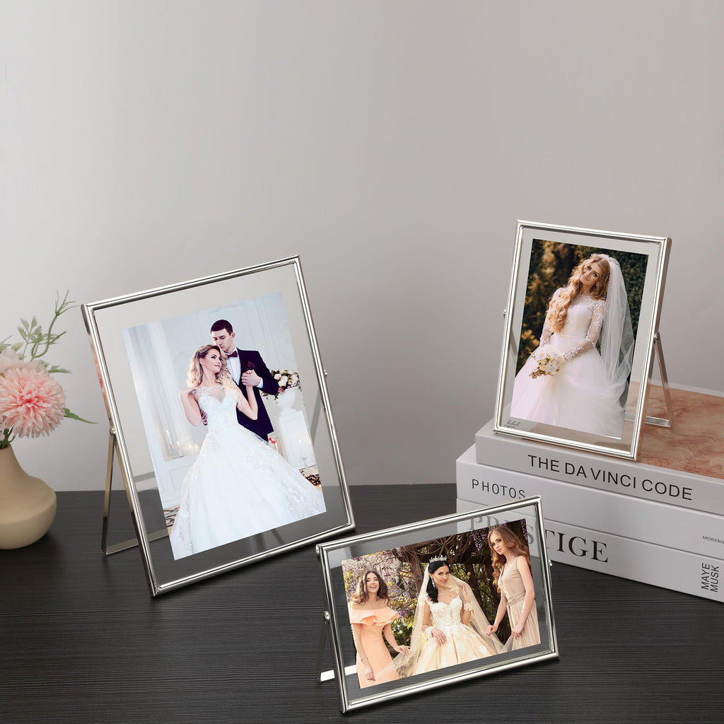 Silver Floating Frame 5x7" Set of 2 for picture 3.5x5'', 4x6'', Beautiful Metal rounded Edge Frames Adjustable