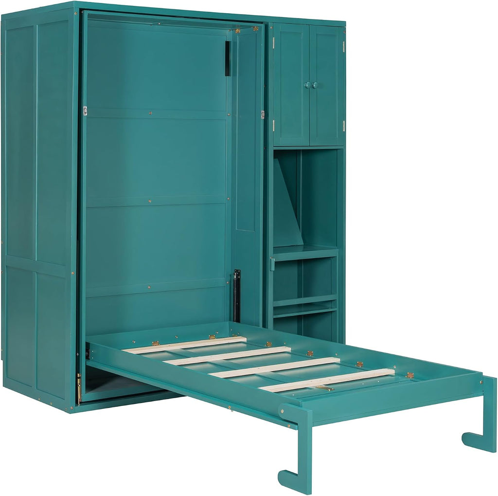 Twin Rotating Wall Murphy Beds, Wood Folding Murphy Wall Bed with Bookshelf, Top Cabinet, Extendable Desk & Side