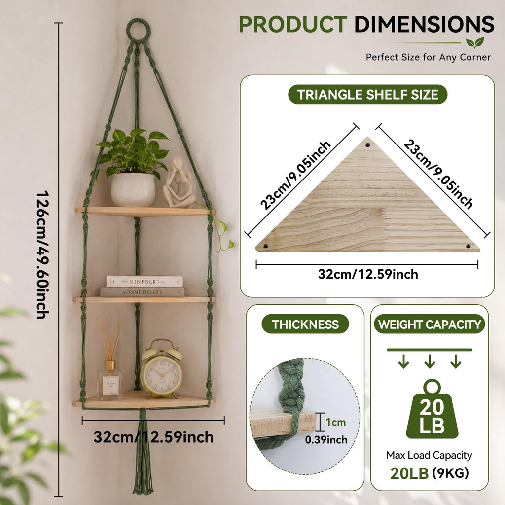 Corner Shelf Macrame Wall Hanging, Adjust Boho Storage Art, 3 Tier