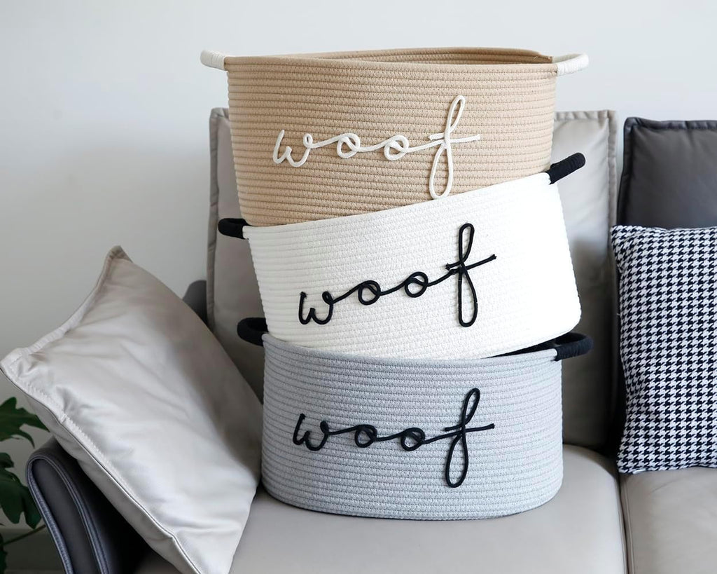 Woof Dog Toy Basket Woven Pet Baskets Storage Bin Box with Durable Handles, Pet Supplies Puppy Bins Perfect