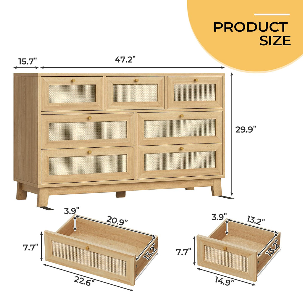 Rattan Dresser with 7 Drawer, Modern Wooden Wide Bedroom Dresser, Chest of Drawers with Metal Handle & Solid Wood