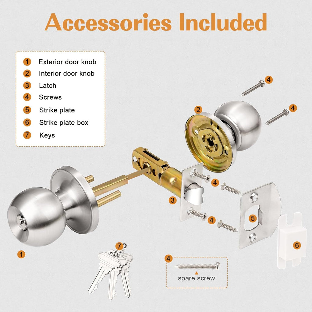 Brushed Nickel One Keyway Ball Door Knobs Entry Lock with Keys, 3 Pack Keyed Alike Door Locksets, Interior Exterior