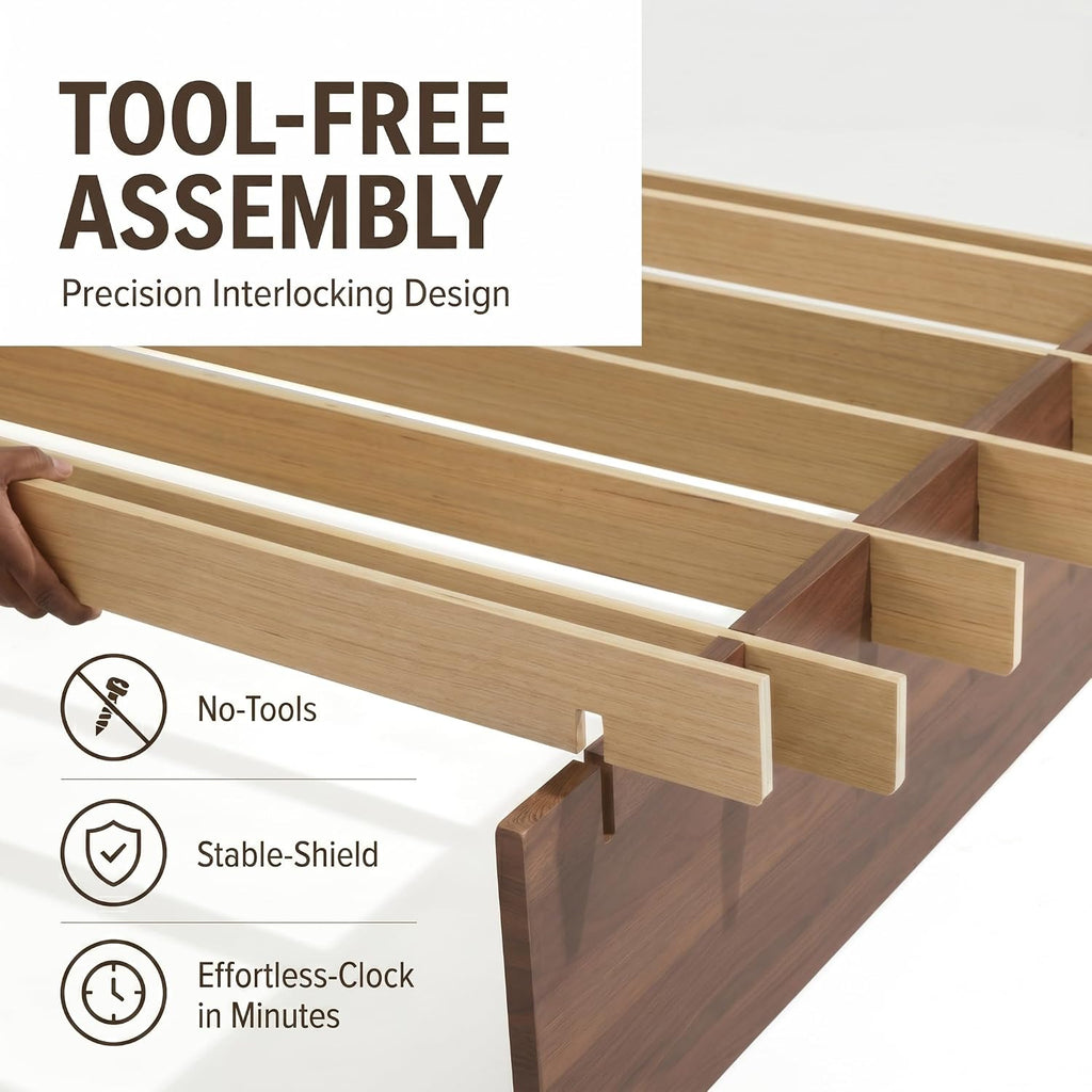 Wood Platform Bed Frame, Japanese Joinery Bed Frame, Walnut