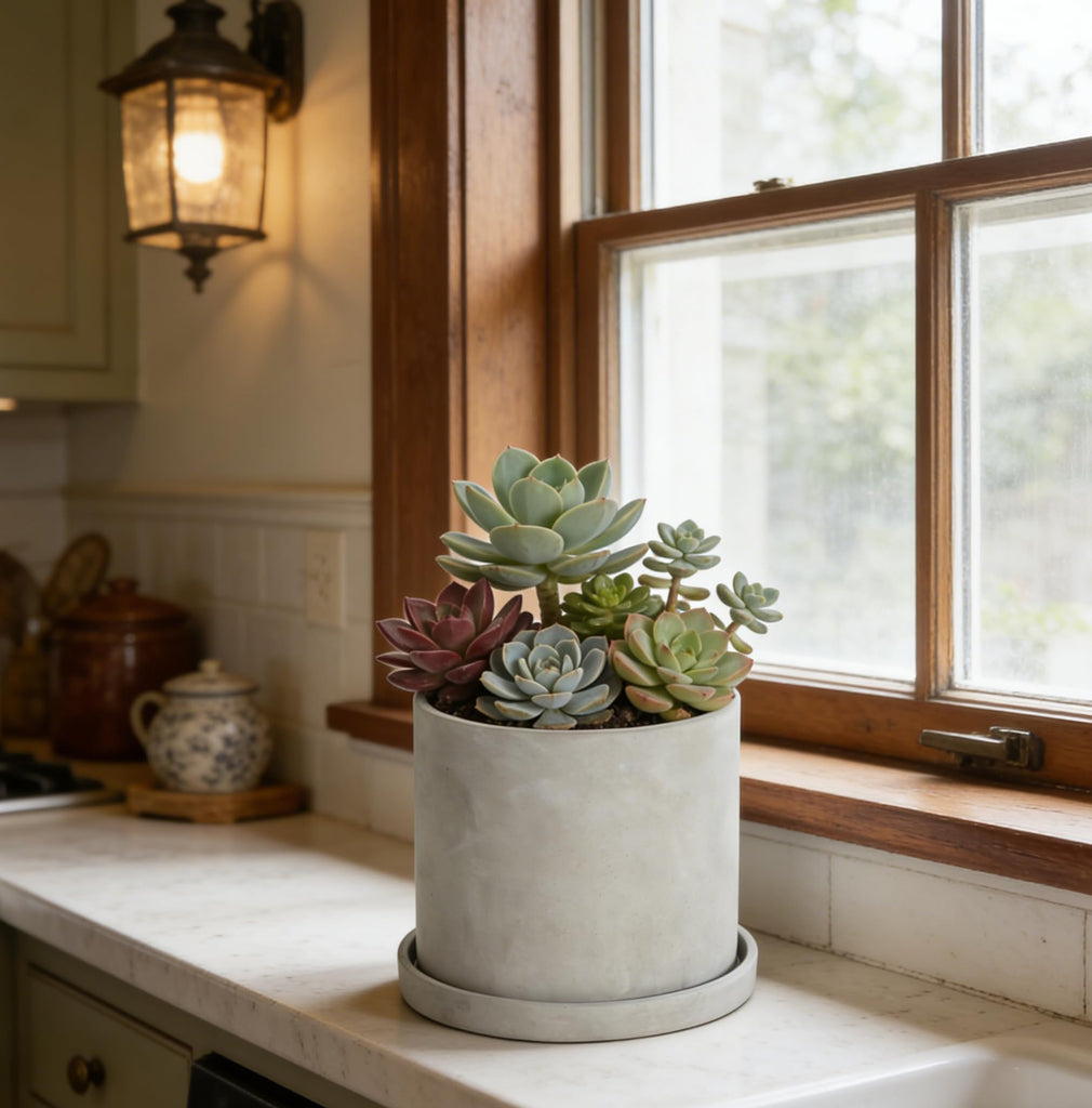 7 Inch Plant Pot Indoor, Grey Cement Garden Planters with Drain Hole & Saucer Tray, Modern Succulents Containers