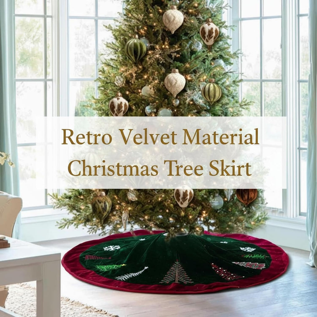 72 Inch Green Velvet Christmas Tree Skirt with Burgundy Trim