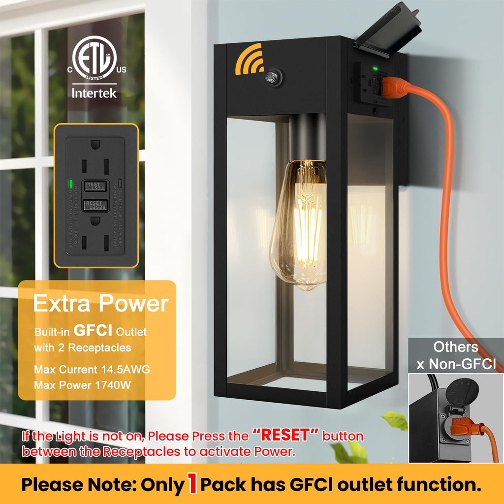 Porch Lights with Outlet, Dusk to Dawn Outdoor Light, 2-Pack Black