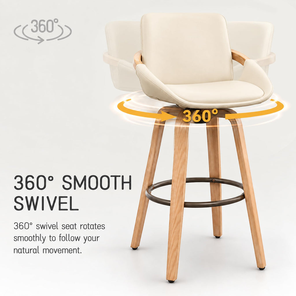 25.2" Swivel Bar Stool with Back Cream White Leather Kitchen Barstool Chair
