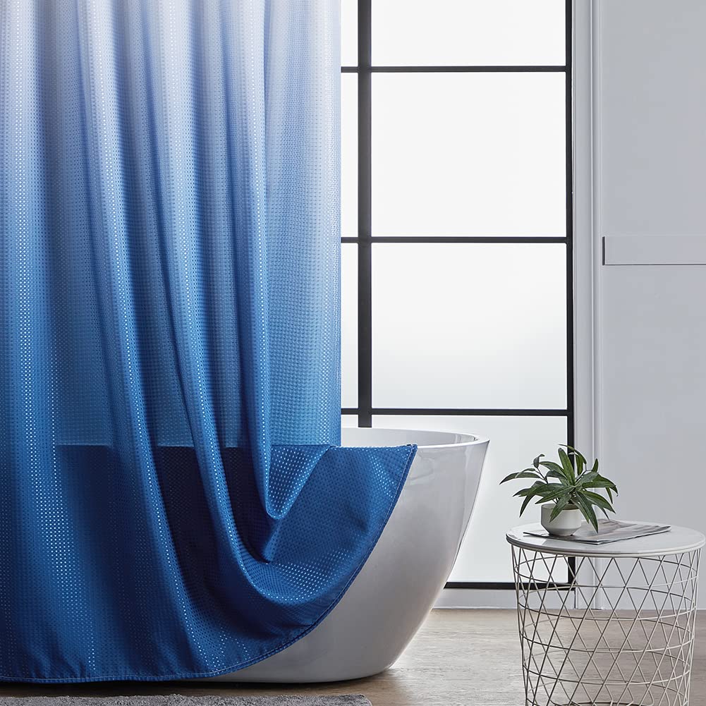 Navy Blue Extra Wide 96 Inch Waffle Shower Curtain with Plastic Hooks, Heavy Duty OmbreTextured Fabric Shower Curtains