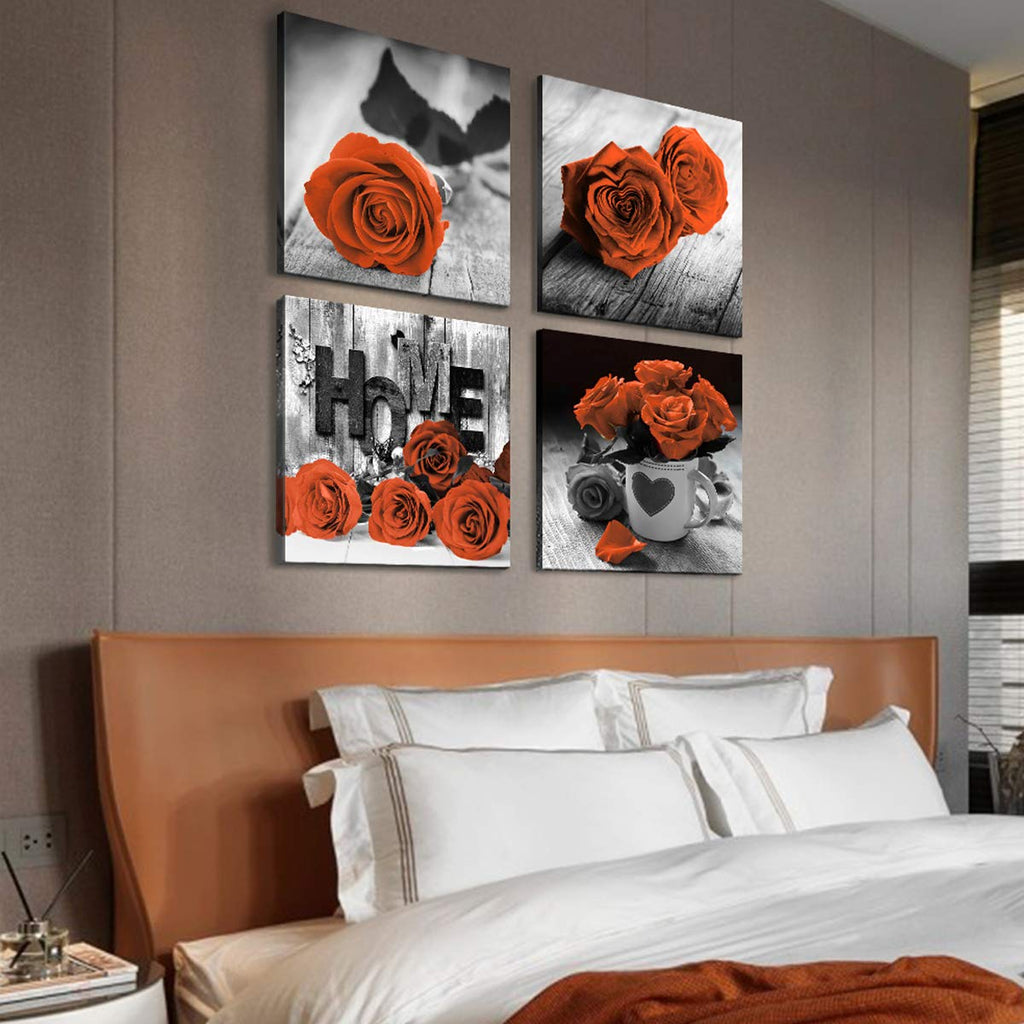 Farmhouse Flower Wall Art Burnt Orange Rose Pictures Couple Bedroom Wall Decor Rustic Nature Paintings Black and