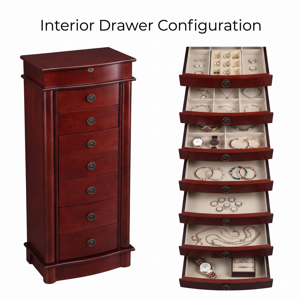 Nora Jewelry Armoire Cabinet with Mirror - 7 Drawers, Locking Top, Necklace Hooks, Anti-Tarnish Felt - Traditional