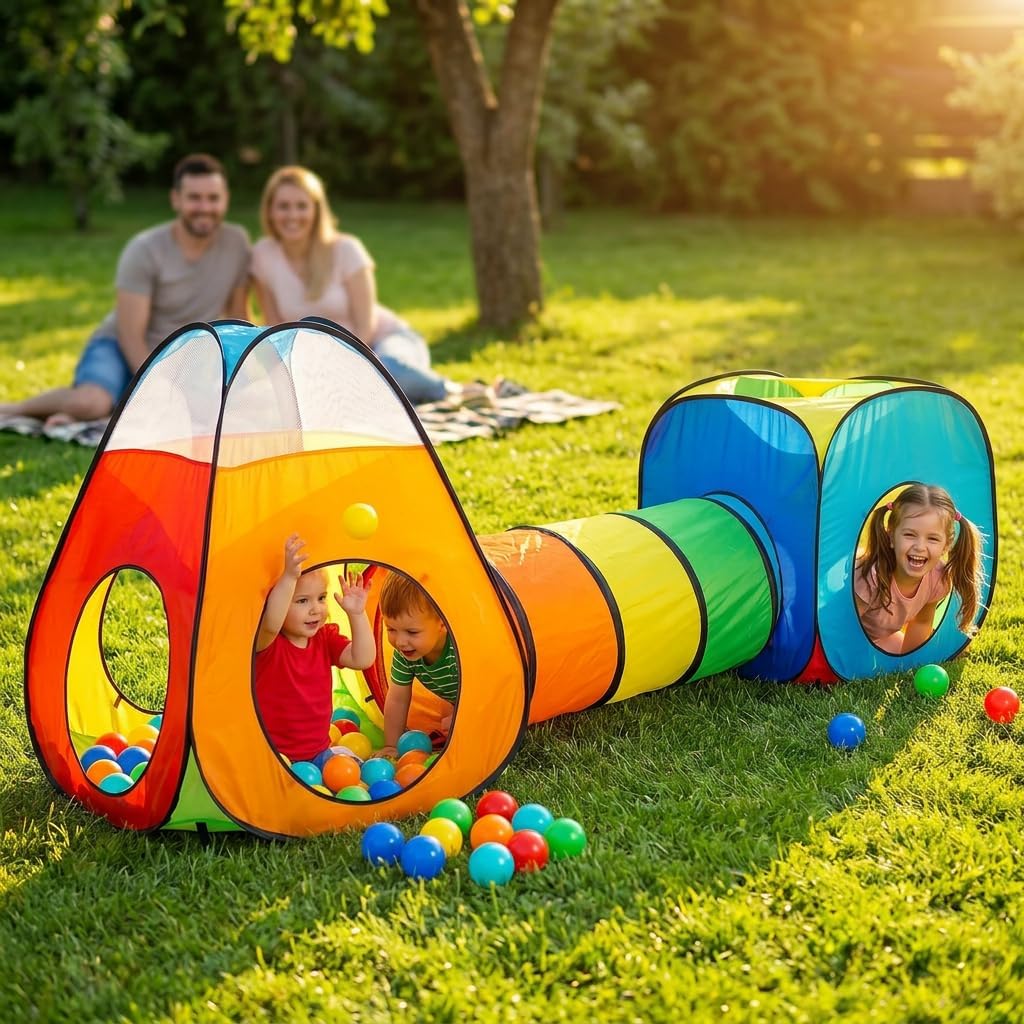 3pc Pop Up Children Play Tent : 1 Crawl Tunnel + 2 Tents : Kids Tents for Boys, Girls, Babies & Toddlers for Indoor &