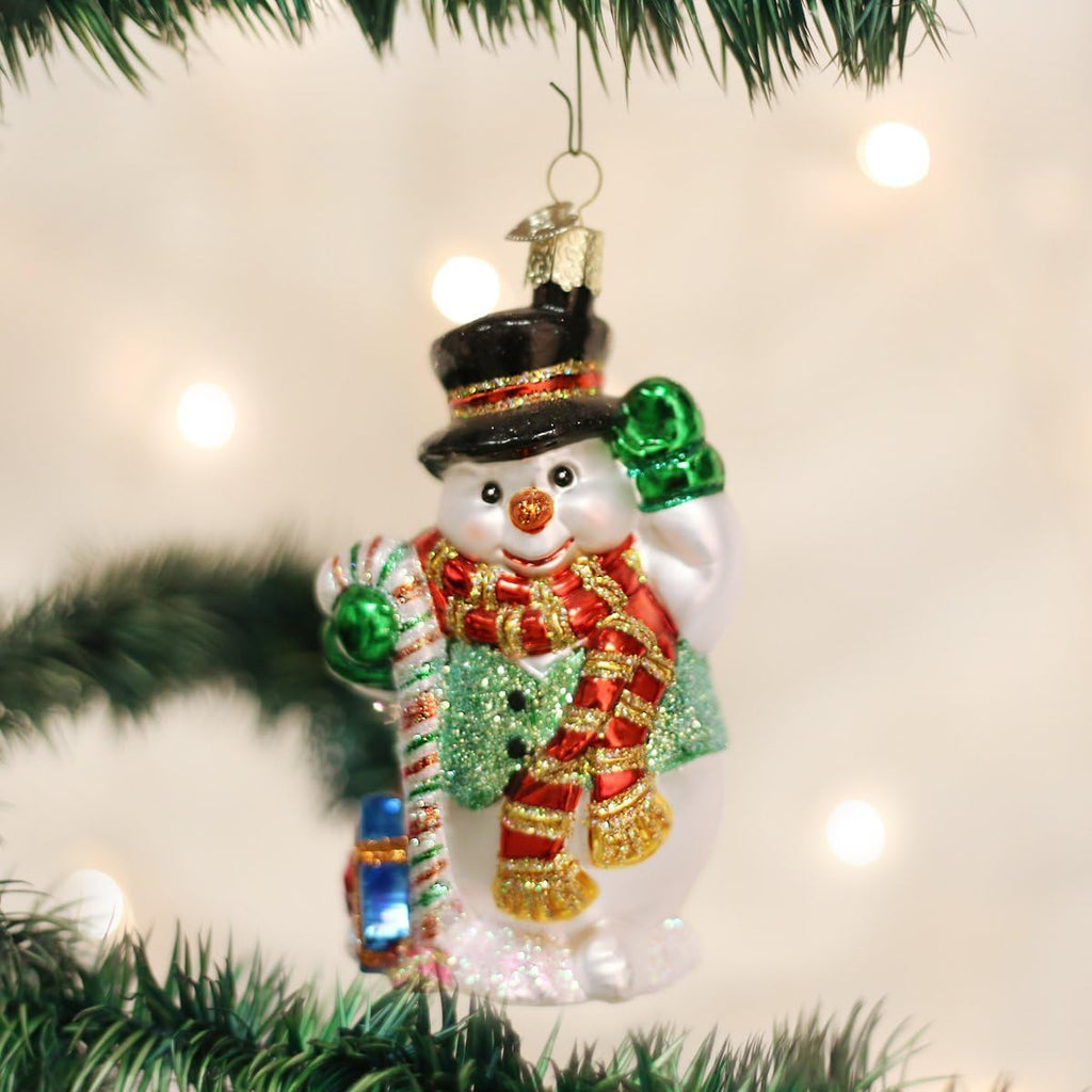 Candy Cane Snowman Glass Blown Ornament, Handcrafted Holiday Decoration, Snowman Collection