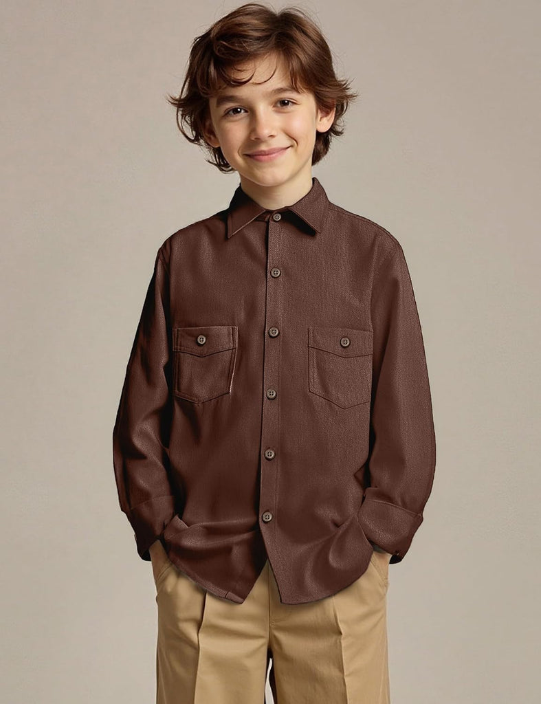 Boys Stretch Denim Button Down Shirts Long Sleeve with Pockets