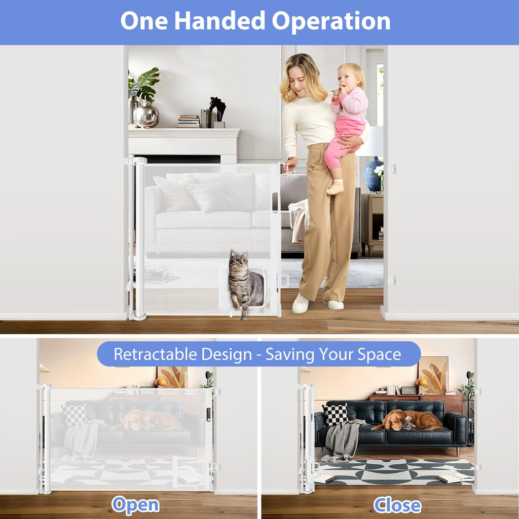 Retractable Baby Gate with Cat Door 55" Wide Retractable Baby Gate for Stairs Mesh Baby Gate with Pet Door