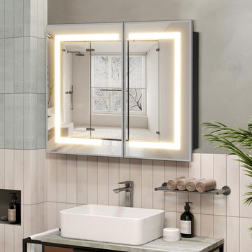 36 x 30 Inch Medicine Cabinet Mirror with LED Lights, Silver Bathroom Medicine Cabinet with Mirror and Storage