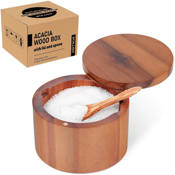 Acacia Wood Salt Cellar with Spoon, 9 oz Salt Box with Swivel Lid