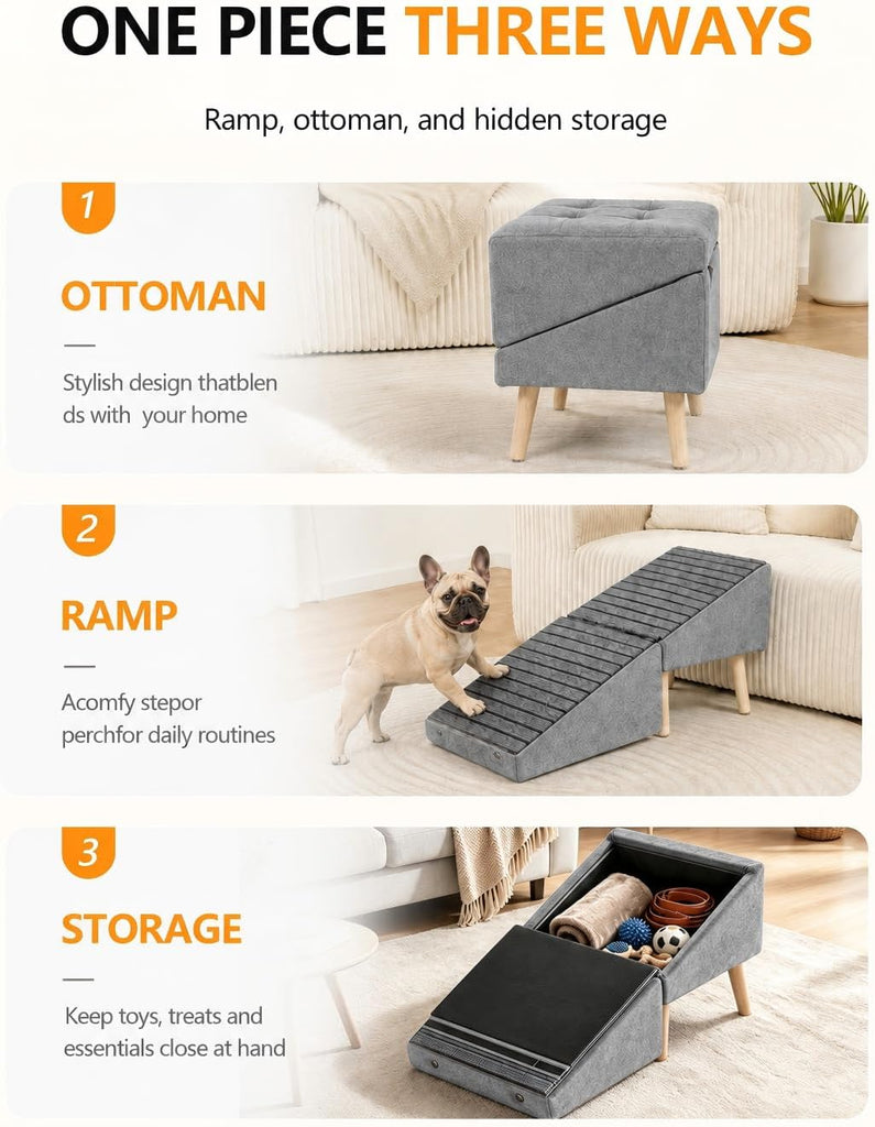 Dog Ramp Ottoman with Storage for Small Dogs, Dog Stairs for Couch