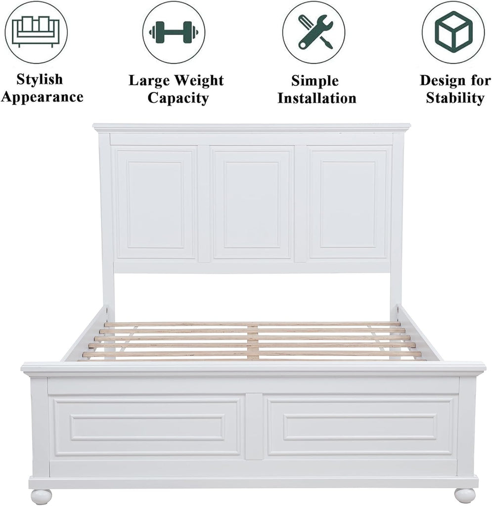 Farmhouse Queen Bed Frame with Tall Headboard and Footboard, White Wood Bed Frames Queen with Under Bed Storage
