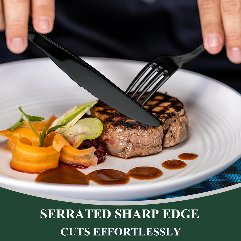 Black Silverware Set, Stainless Steel Flatware Cutlery Set Service for 8, Tableware Eating Utensils Include