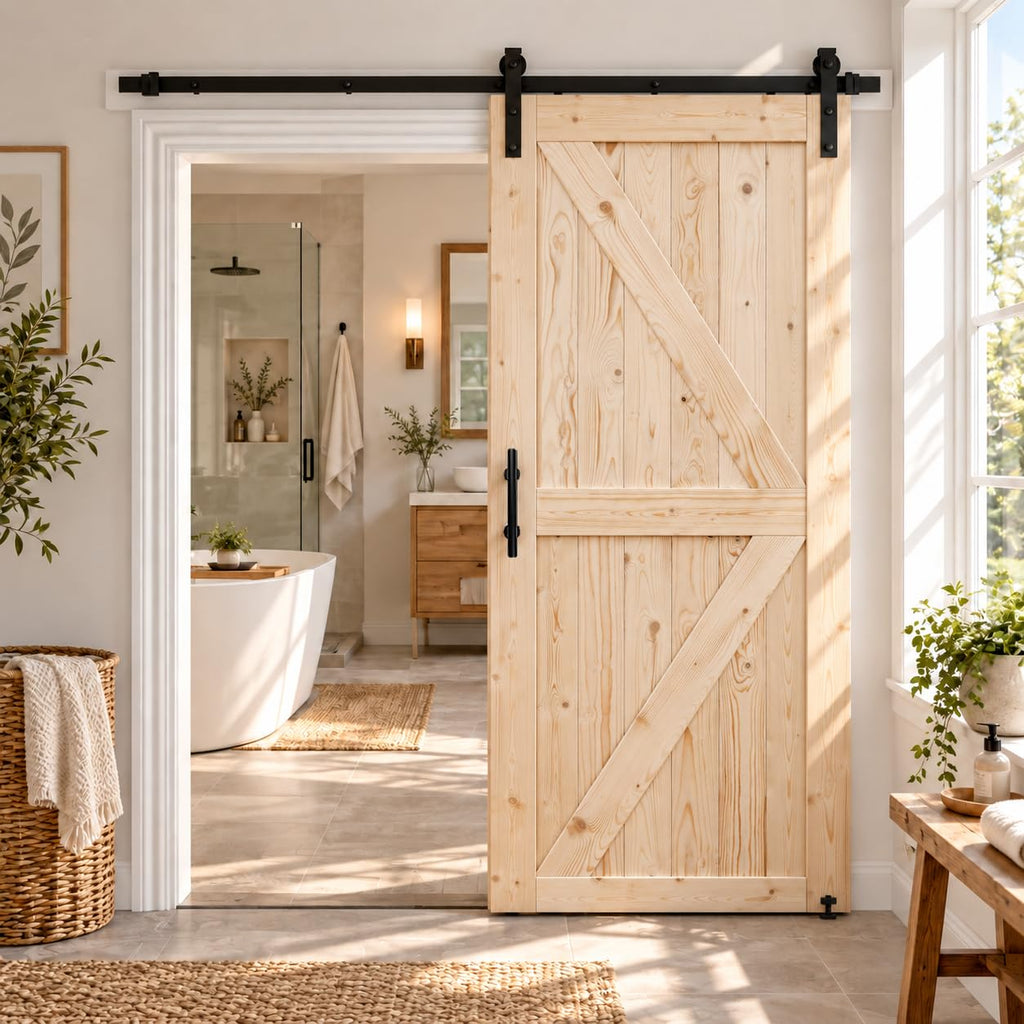 36in x 80in Unfinished British Brace Knotty Barn Door with Sliding Door Hardware Kit/Solid Wood/Sliding/Double