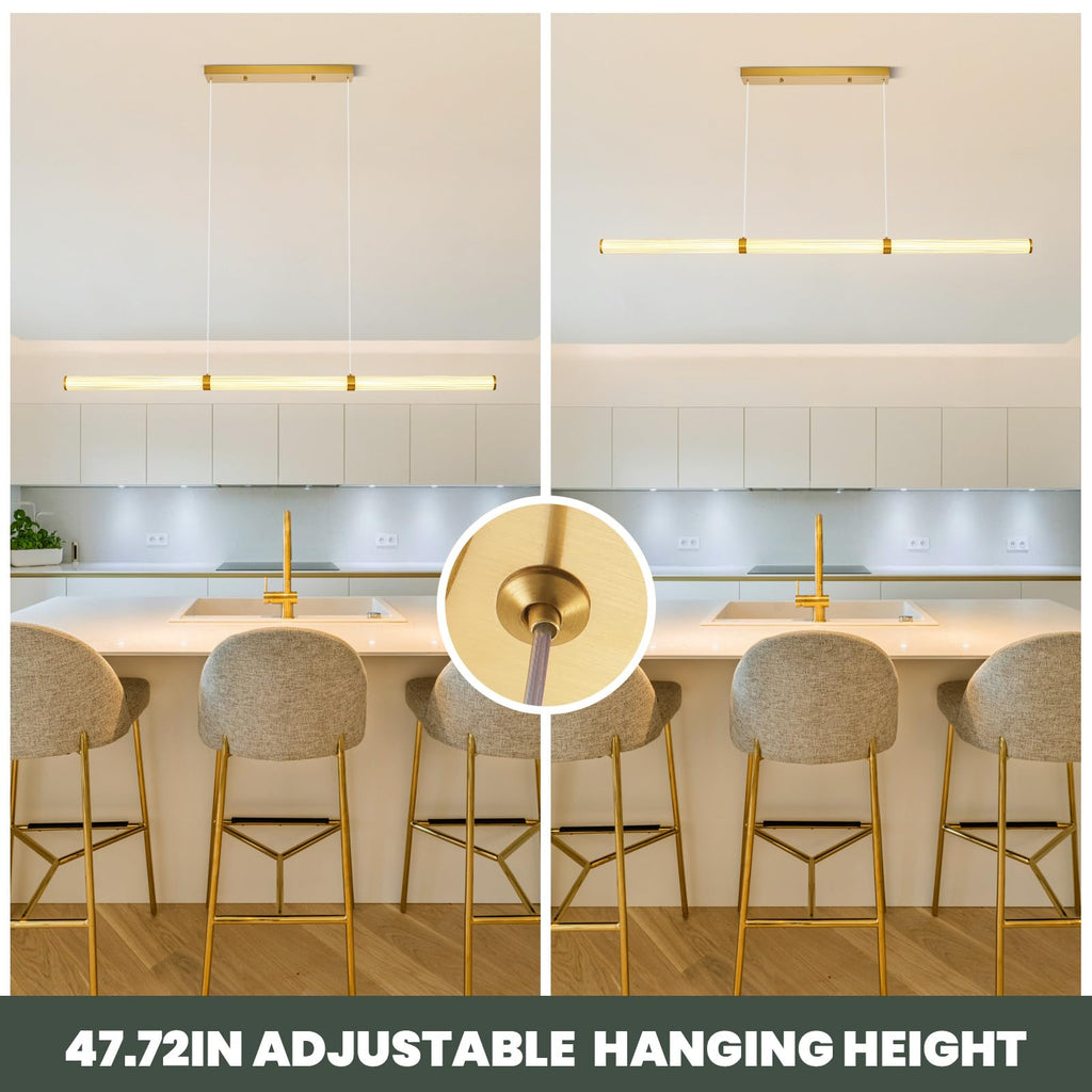 47" LED Linear Pendant Light Fixtures, Modern Dimmable Chandelier with Remote, Gold Island Lights, Bar, Pool Table