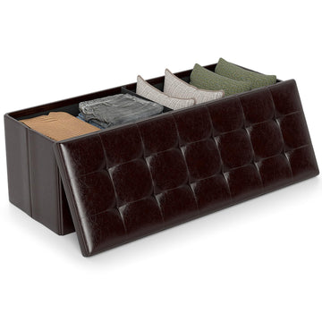 43 Inches Folding Storage Ottoman Bench, Upholstered PU Leather Storage Chest with Side Pocket, Padded Seat, End of