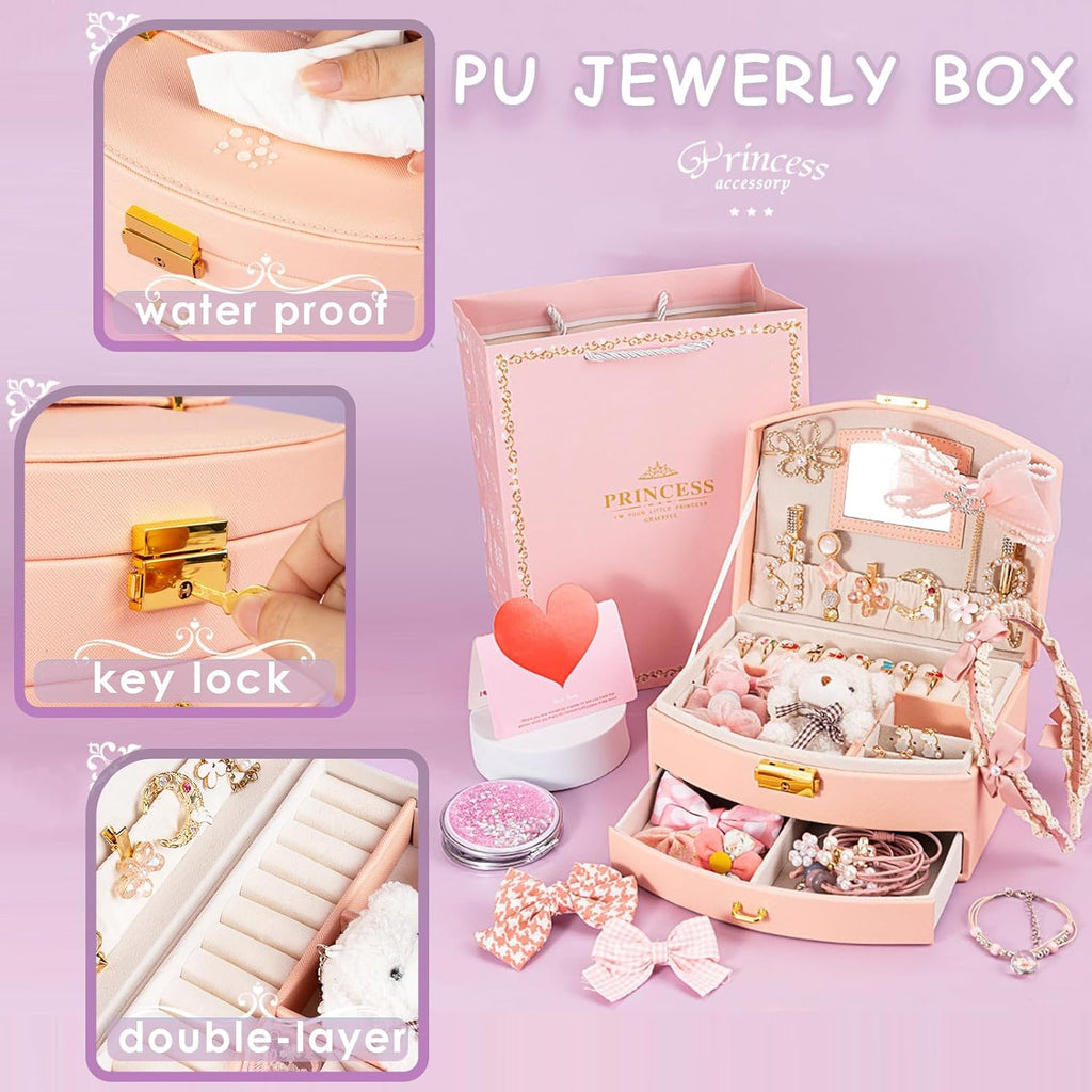Princess Jewelry Box for Girls with Hair Accessories,Girls Hair Clips Bows Set, Fashion Hair Styling Kit
