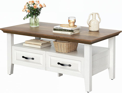 Farmhouse Coffee Table with Storage, 39.4" Wood Coffee Table, Rustic Center Table with 2 Drawers, Open Display Area