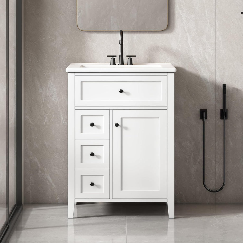 24-Inch Bathroom Vanity Sink Set – Cabinet with Tip-Out Drawer, Adjustable Shelf, Soft-Close Door & Solid Wood Legs, Black
