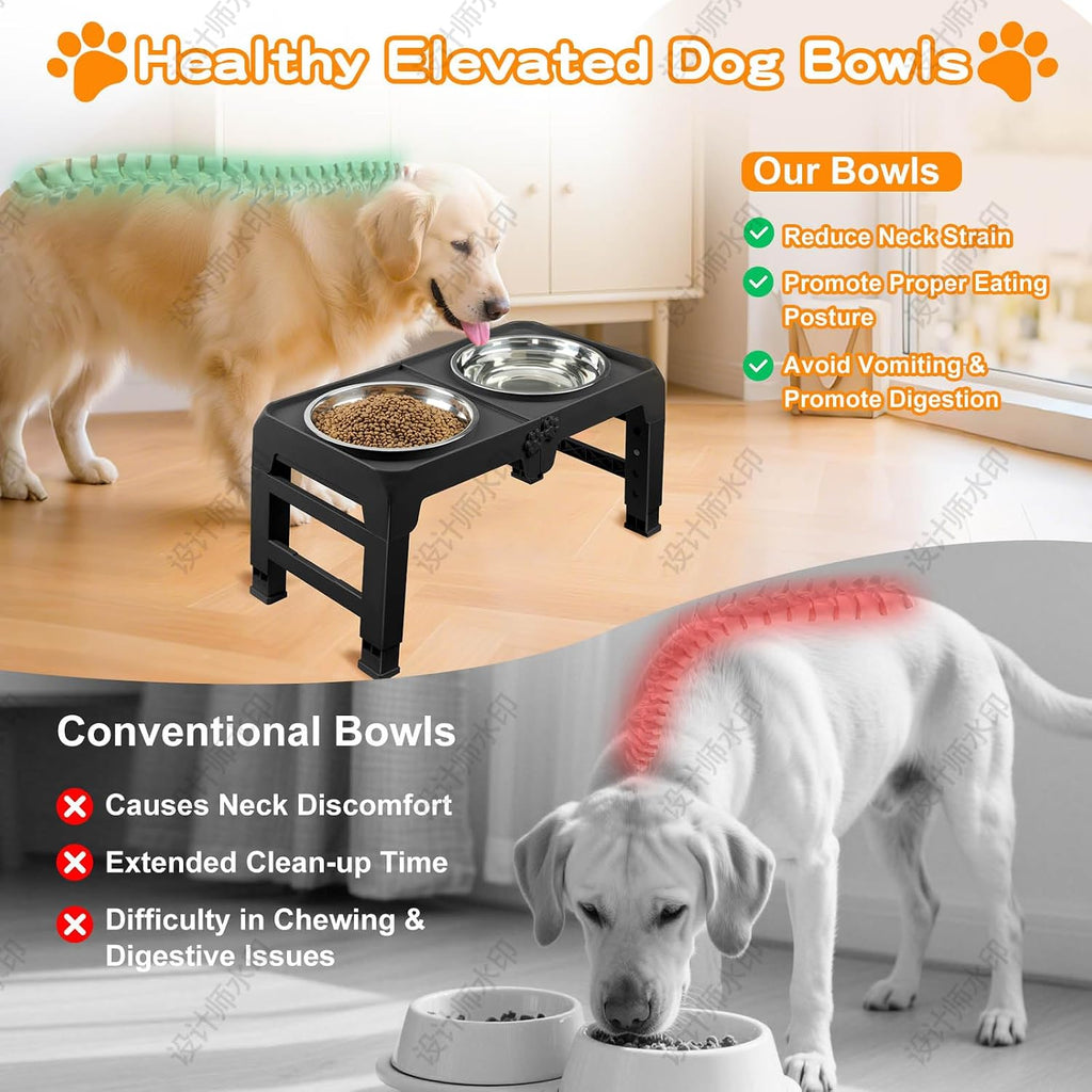 Elevated Dog Bowls for Large Dogs 5 Adjustable Heights 7.5"-15.4", 2 X-Large 10" Stainless Steel Bowls, Heavy Duty