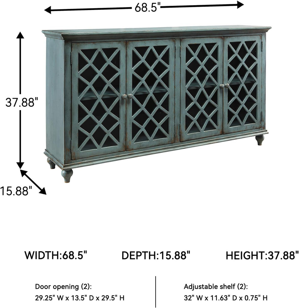 Mirimyn Vintage 69" 4-Door Accent Cabinet with Mirrored Glass and 2 Adjustable Shelves, Antique Blue