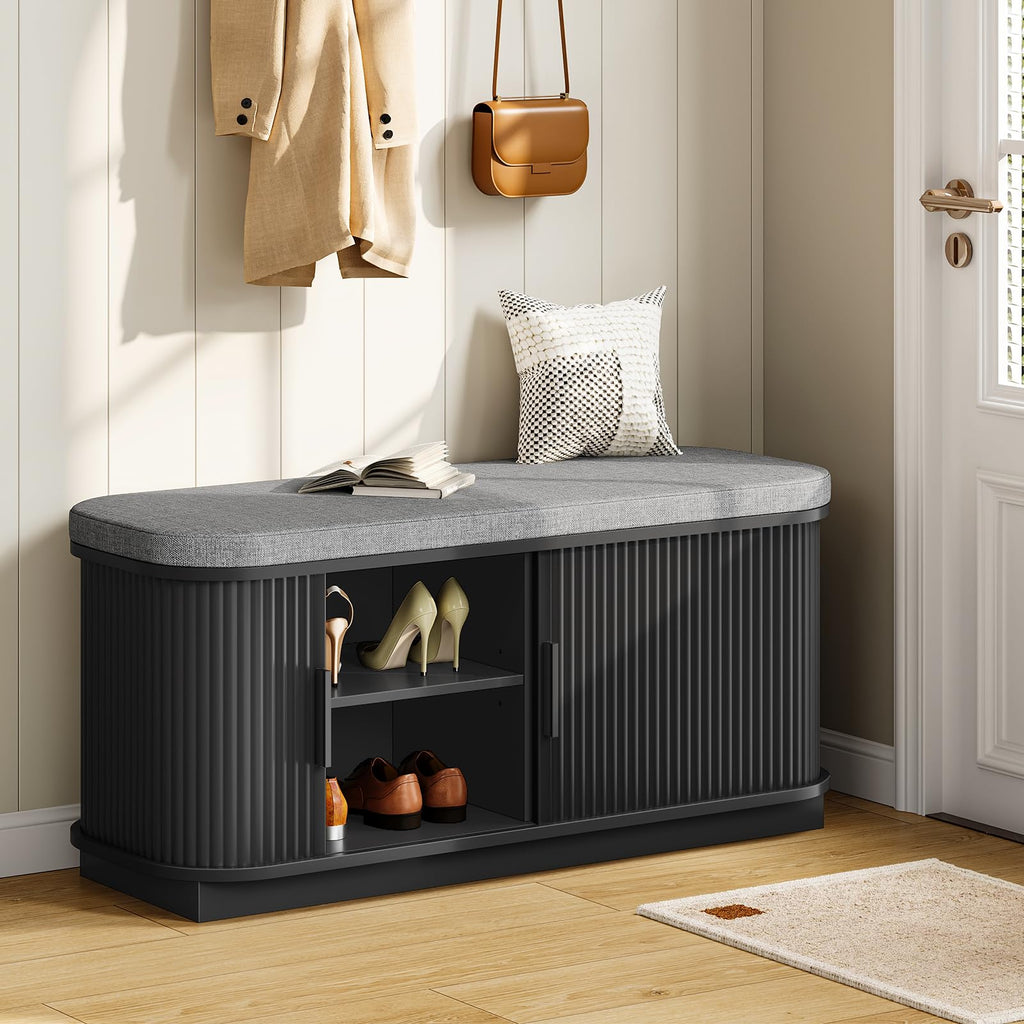 39.4" Fluted Shoe Storage Bench with Cushion and Sliding Door