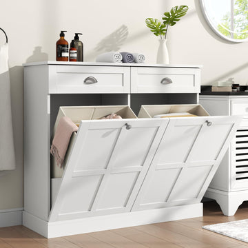 Double Tilt Out Laundry Hamper Cabinet, Hidden Laundry Cabinet w/2 Drawers