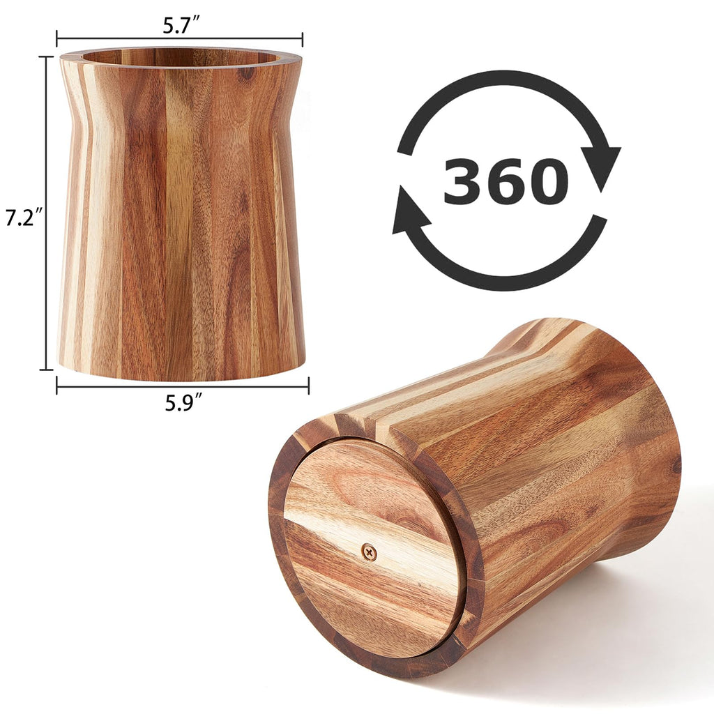 Wooden Utensil Holder for Countertop, 360° Rotating Kitchen Utensil Holder, 7.2"x 6" Large Acacia Wood Crock
