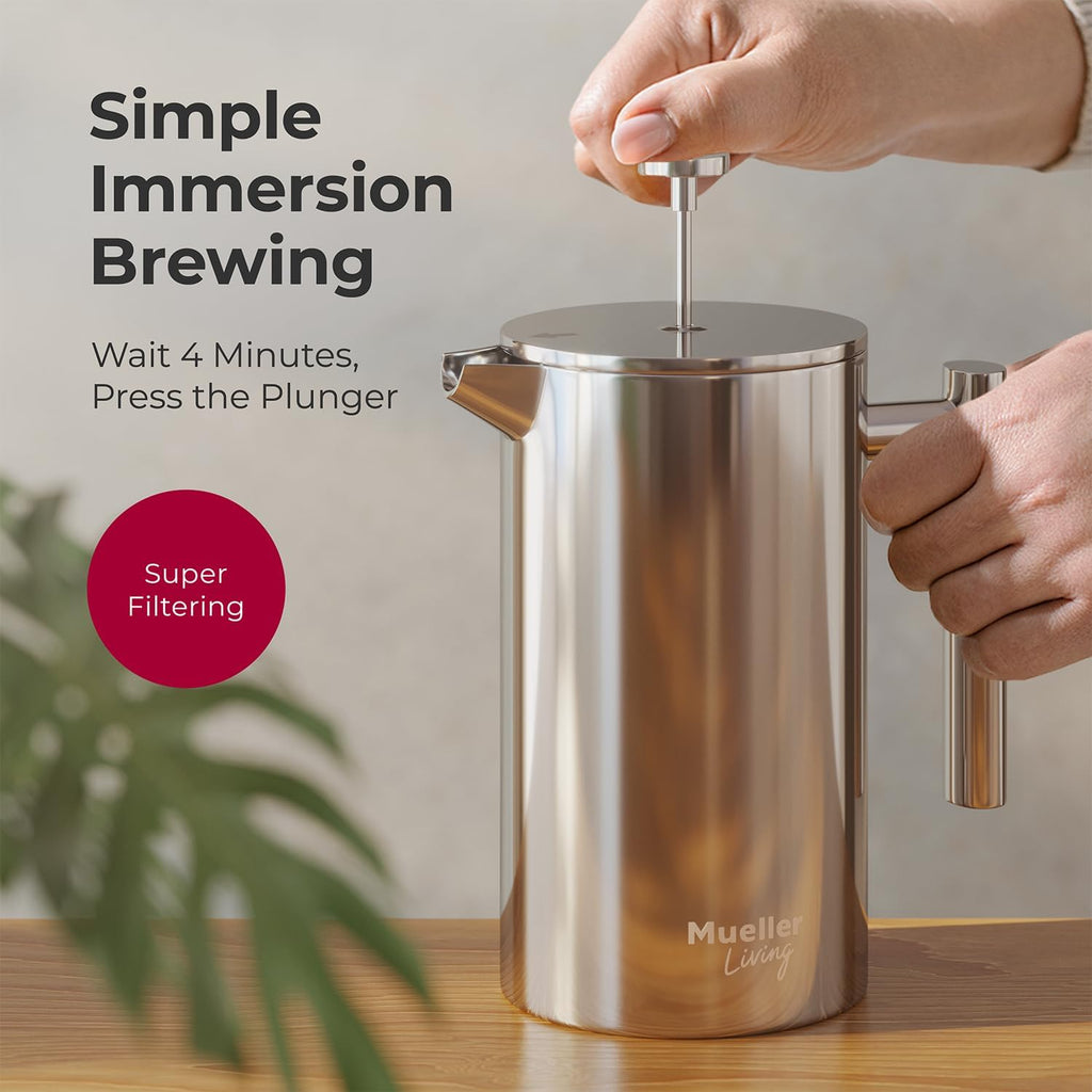 Living French Press Coffee Maker 34oz, Stainless Steel French Press Coffee, 4 Filter Heat Resistant Double Insulated