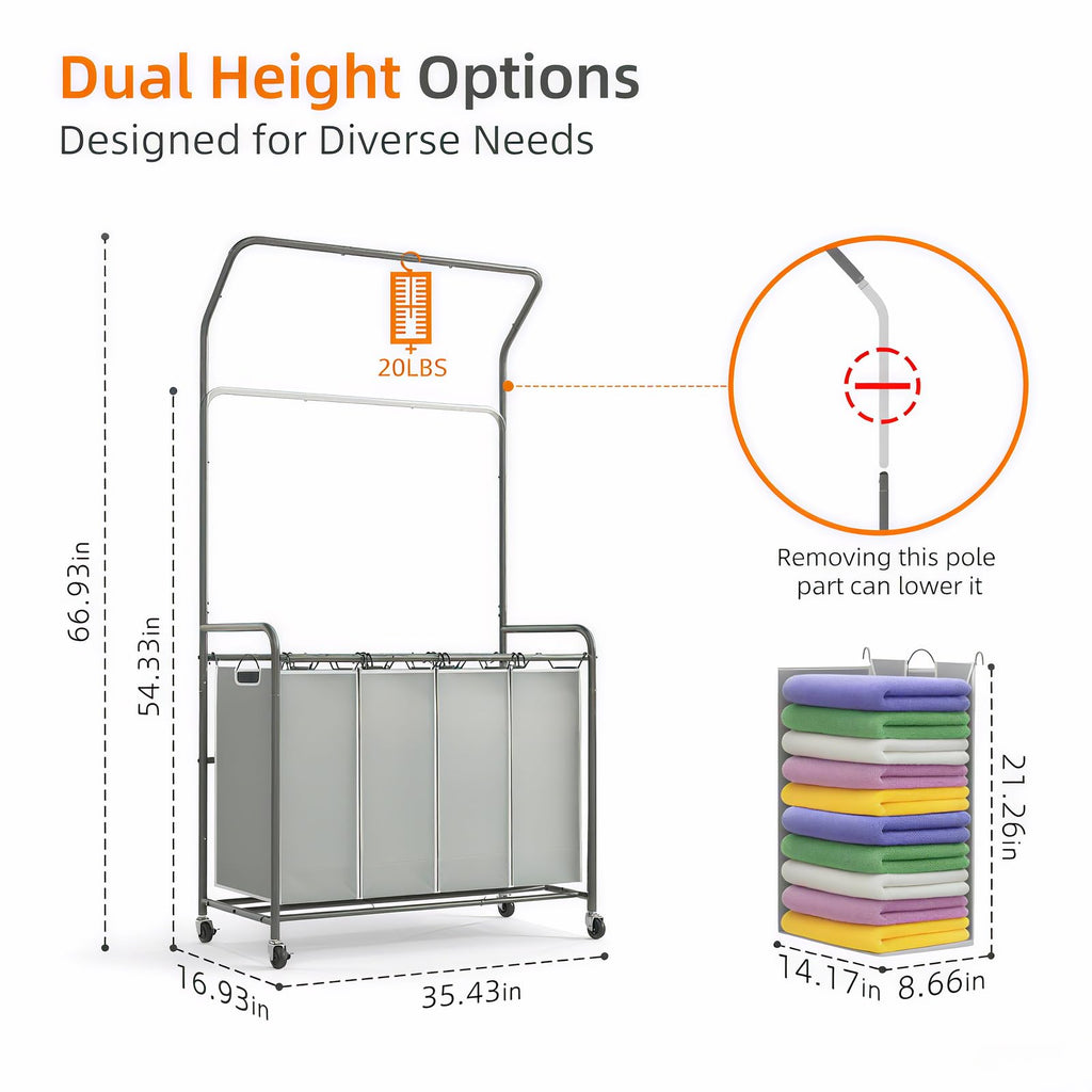 Laundry Hamper Sorter Cart, 4 Section Organizer with Hanging Bar