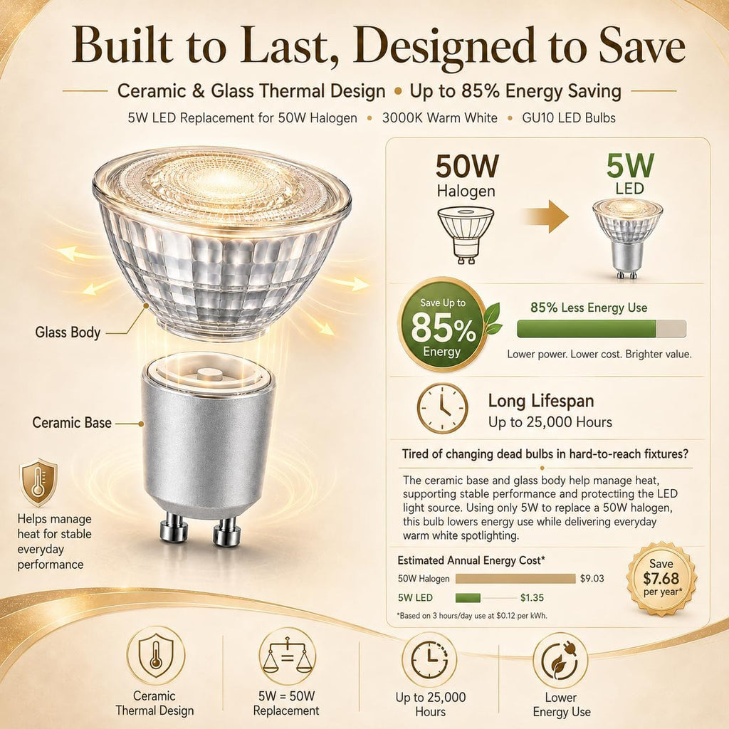 GU10 LED Bulbs 2-Pack, 5W (50W Equiv), 3000K Warm White, Non-Dimmable