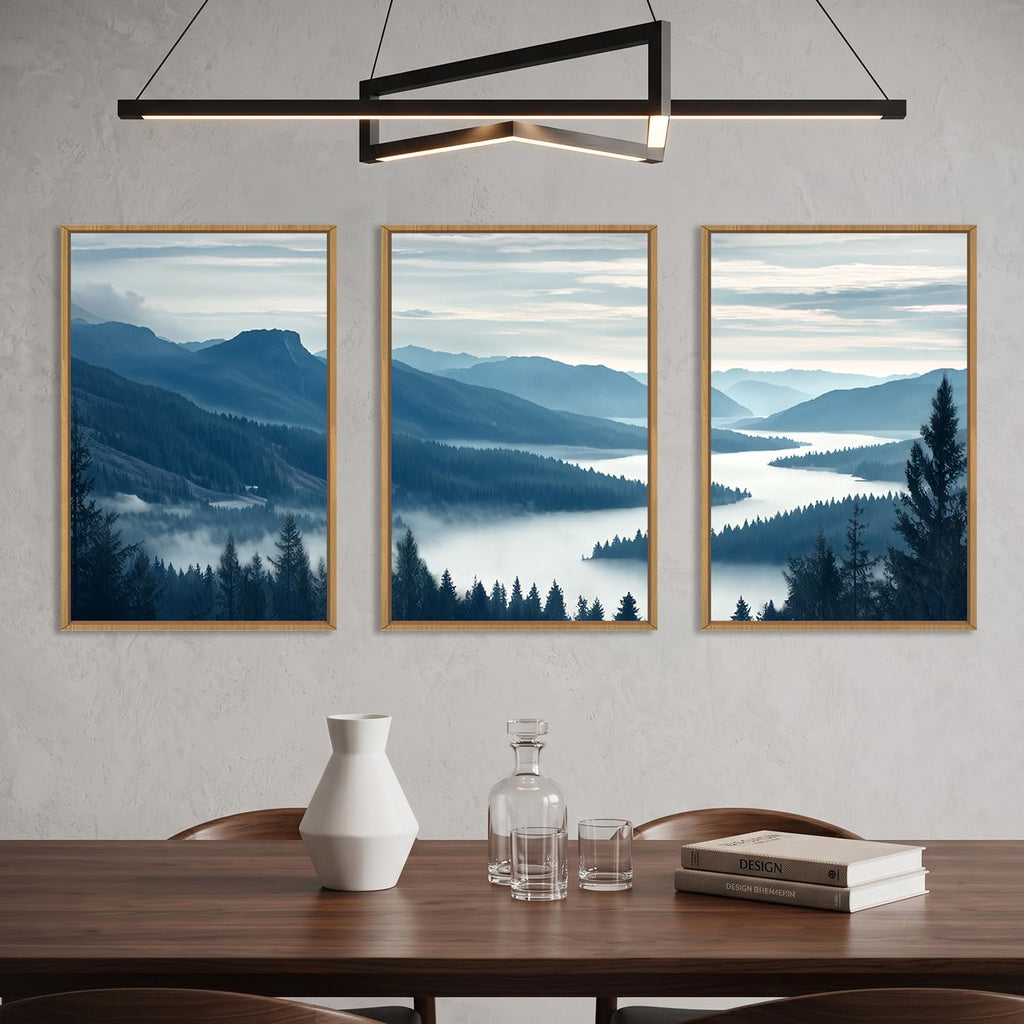 Large Pine Tree Mountain River Framed Canvas Wall Art Set-16"x24"x3