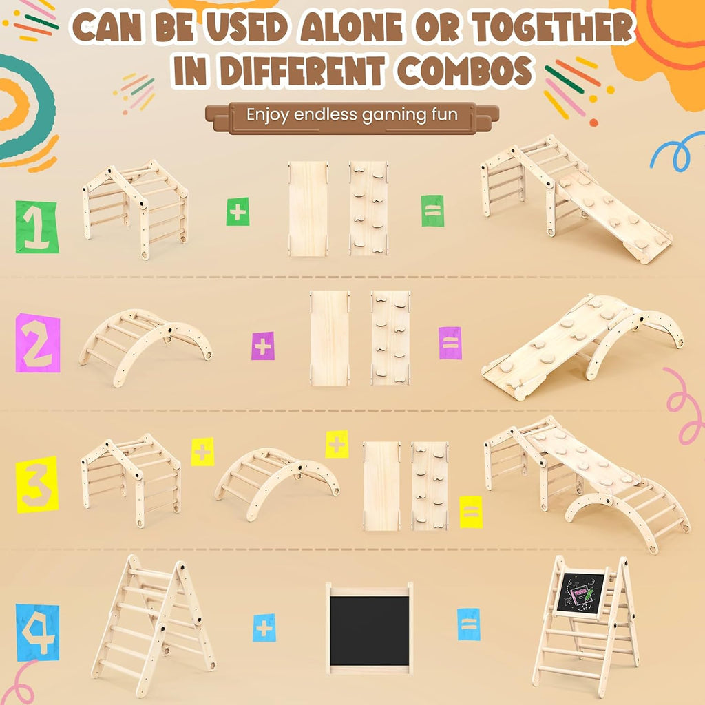 In-1 Deformable Triangle Set with Sliding Ramp & Climbing Arch Ramp, Wooden Toddler Climbing Toys Indoor