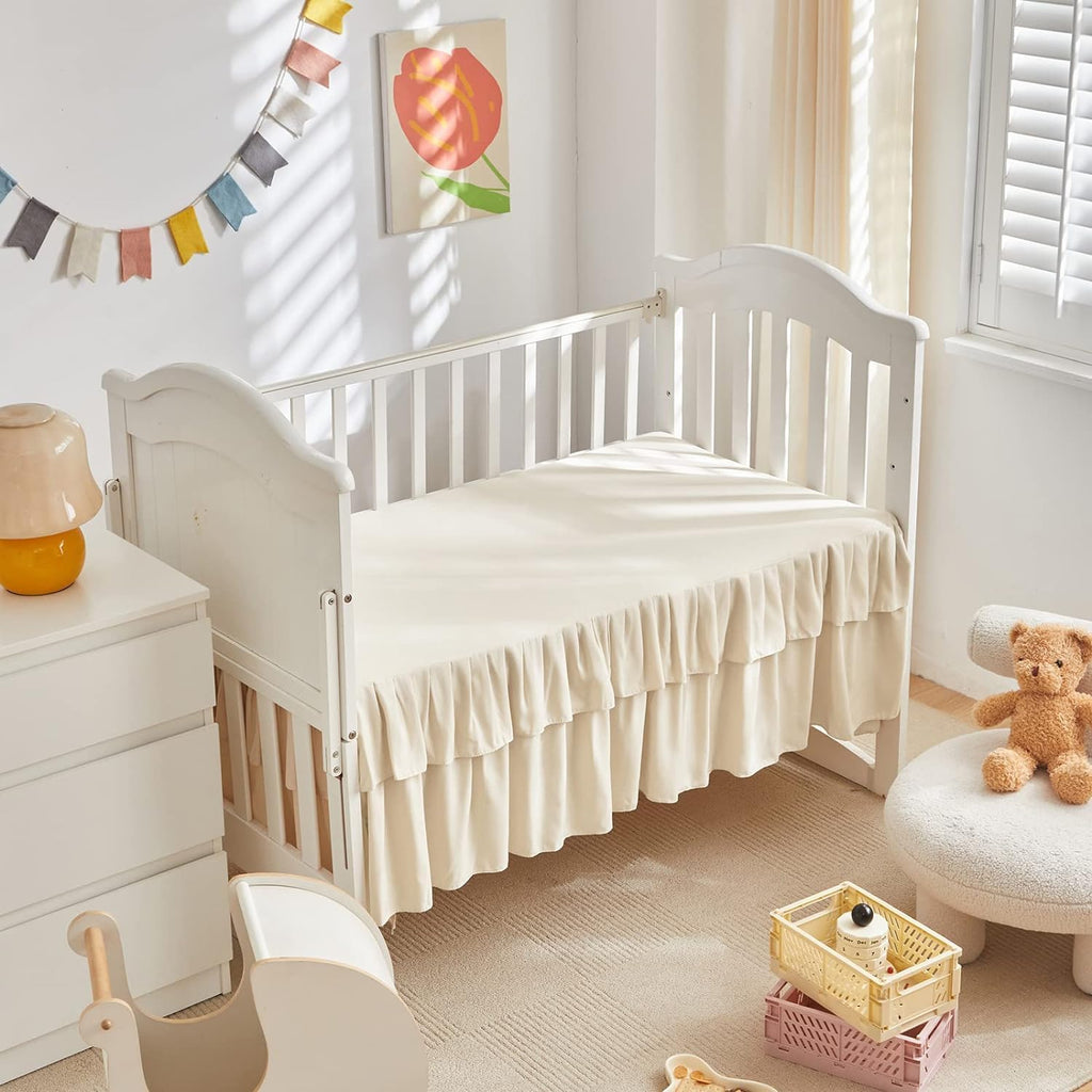 Mini Crib Bedding Set 3 Pieces Baby Boho Quilted Tufted Ruffles Comforter with Fitted Sheet and Ruffled Bed Skirt