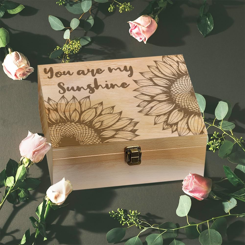1 Pc Wooden Memory Keepsake Box, Blooming Sunflowers Motif Decorative Wooden Memory Box with Hinge Lids