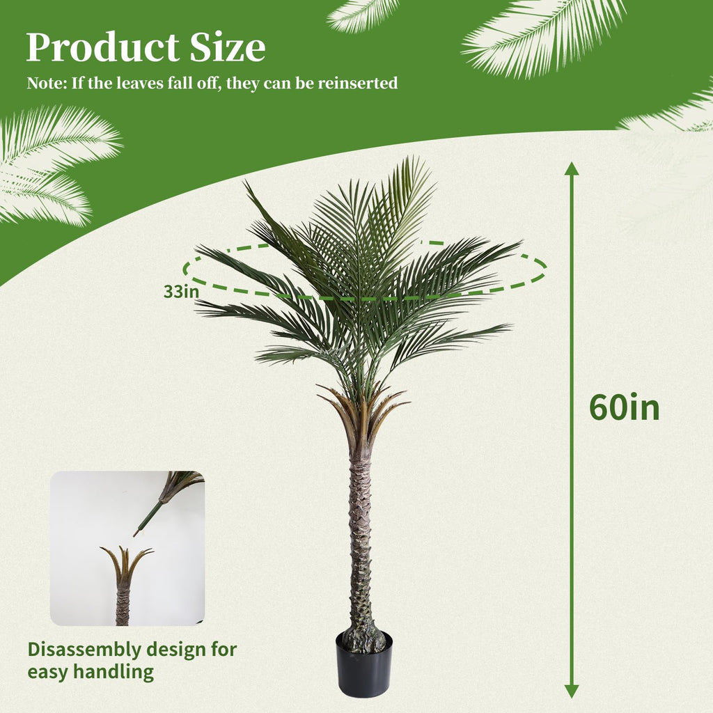 Artificial Palm Tree 5 Ft Tall UV Rated Faux Tropical Palm Plant in Pot for Indoor or Outdoor Home Office Decor