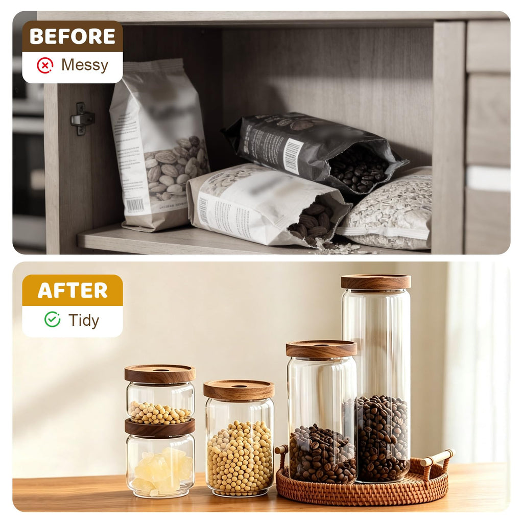 Glass Jars with Airtight Wood Lids - 17 oz Small Kitchen Pantry Storage Containers, Stackable Decorative Canisters