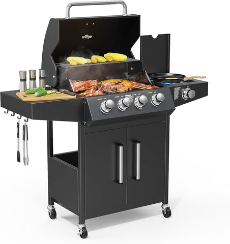 4-Burner Propane Gas Grill with Side Burner, 58,000 BTU BBQ Grill with Enameled Cast Iron Grates, Cabinet and Shelf for Patio and Backyard