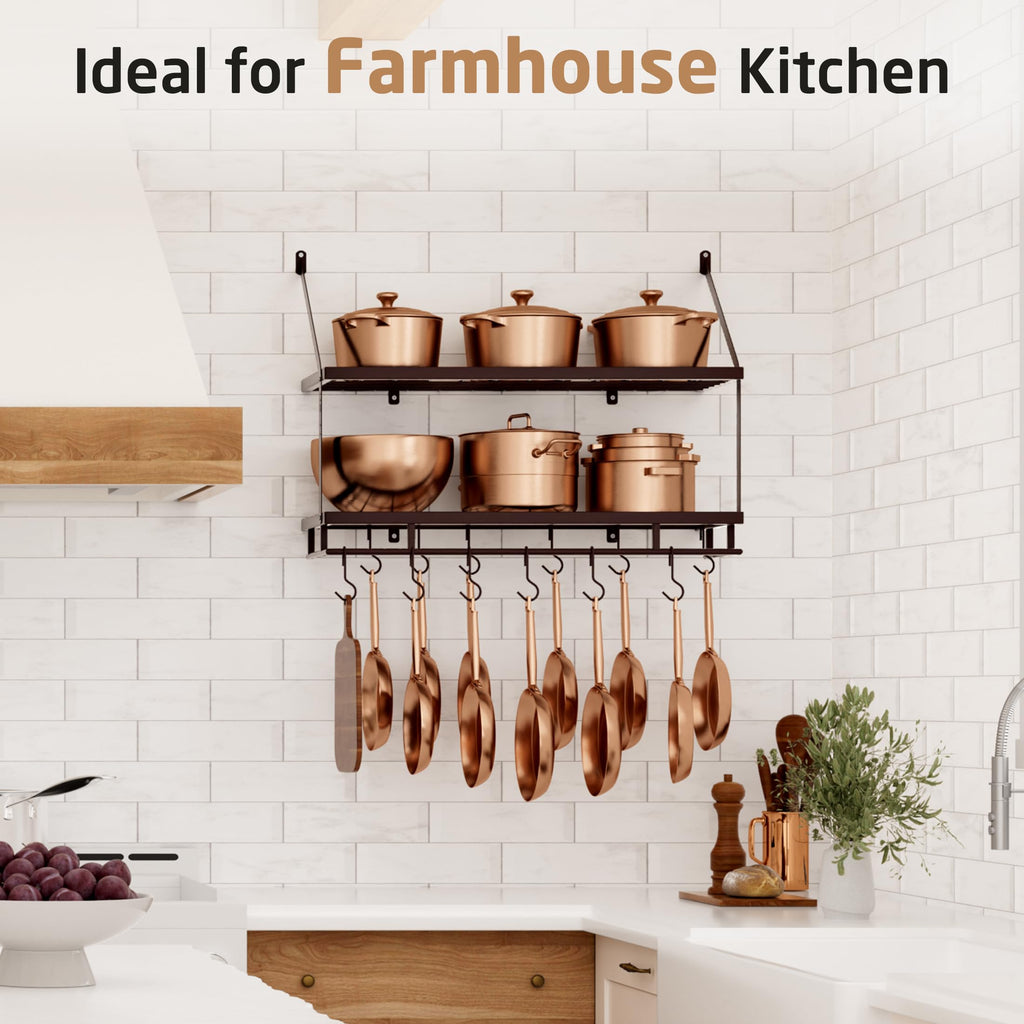 Oiled Bronze Pot Rack Wall Mounted, 100 Lbs Capacity, 12 Hooks