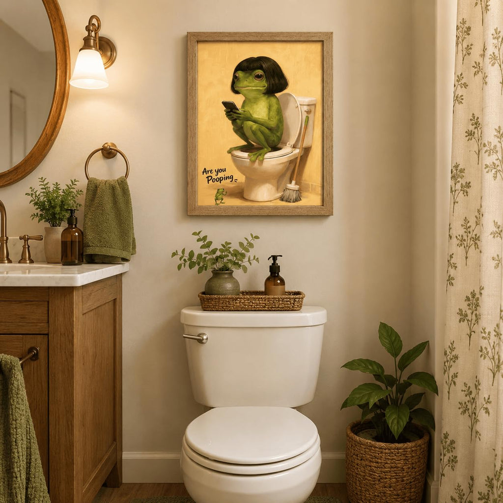 Framed Funny Bathroom Wall Art - Whimsical Retro Frog on Toilet Canvas Print, Humorous Animal Bathroom Decor - Easy