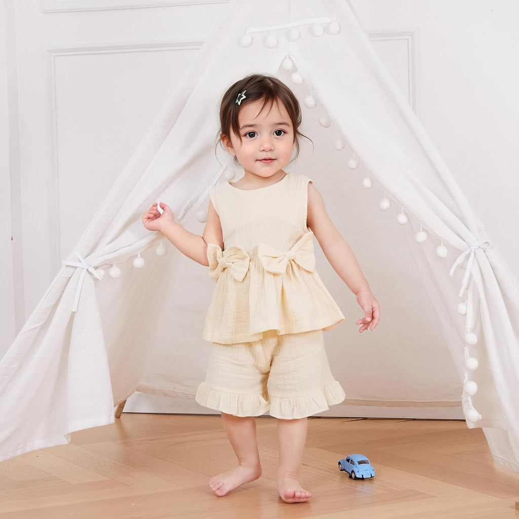 Toddler Girl Summer Outfits Solid Linen Outfit Two Bows Front Ruffle Tank Tops Shirts Shorts Cute Baby Girl Clothes