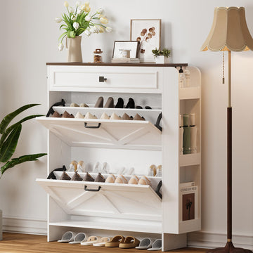 Shoe Storage Cabinet with 2 Flip Drawers & Barn Door, White/Walnut